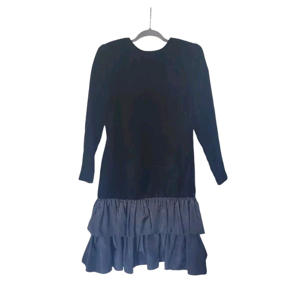 Vintage 80s Formal Black Velvet Drop Waist Tier Ruffled Skirt Midi Dress, Size 8
